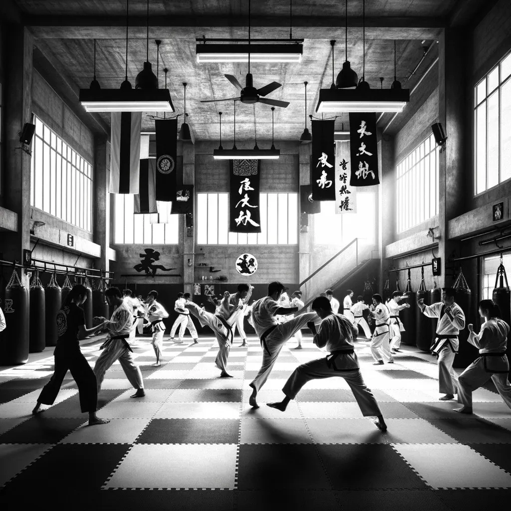A martial arts class training in a gym